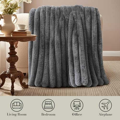 Amélie Home Faux Fur Throw Blanket for Couch, Ultra Cozy Fuzzy Fluffy Fur Luxurious Soft Striped Plush Gift Blankets for Family Sofa Chair Bedroom, 60"x80", Cationic Wolf Gray - color: Cationic Wolf Gray, size: Twin(60"x80")