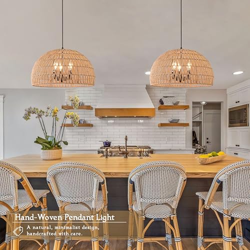 17.6 inch Hemp Rope Woven Pendant Light Wicker Pendant Light 3-light Rattan Light Fixture Boho Chandelier Farmhouse Chandelier Dome Pendants Light for Dining Room Bedroom Kitchen(Bulb Incl - color: 17.6" Natural