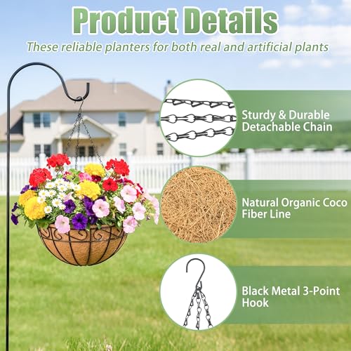 2 Pack 12 Inch Hanging Baskets for Plants Outdoor Metal Hanging Planters Round Hanging Flower Pots with Coco Coir Liner Plant Holder for Outdoor Patio Garden Balcony Decor - Flower Border - color: Flower Border