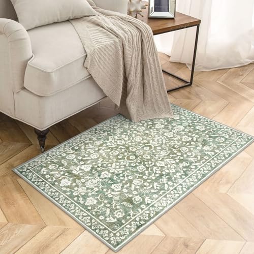 Vintage Entryway Rug Indoor, Sage Green Beige Washable Rug 2x3, Small Area Rug with Non-Slip Backing, Floral Print Thin Faux Wool Super Soft Door Mat for Kitchen, Entrance, Bedroom, Office - color: Muted Sage Green With Beige Accents, size: 2' x 3' (Recta