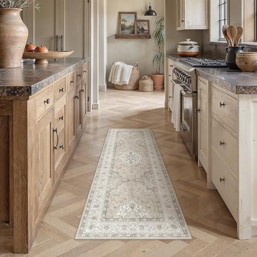 2x5 Washable Vintage Area Rug for Living Room Bedroom Beige Brown Non Slip Soft Tranditional Runner Rug Lightweight Floral Low Pile Doormat Entrance Dinning Laundry Room Kitchen Bathroom - color: Vintage | Beige Brown, size: 2'x5'