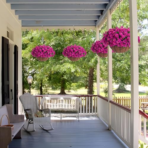Ammyoo Artificial Hanging Flower Plants with Basket for Outdoor Decoration, Faux Petunias Flowers Fake Morning Glory Planter for Outside Patio Garden Porch Balcony Yard Decor(Fuchsia) - color: Fuchsia