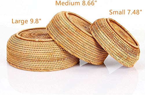 Hadewoven Round Rattan Fruit Basket Wicker Food Tray Weaving Storage Holder Dinning Room Bowl, 9 Inch Woven Bread Basket Key Bowls with 3.5”Wall for Table, Countertop (Medium 8.66") - size: Medium 8.66"