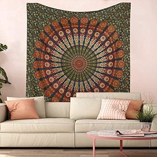 Bless International Handmade Indian hippie Bohemian Psychedelic Peacock Mandala Wall hanging College Dorm Beach Throws Table Cloth Bedding Tapestry (Ever Green, Queen(84x90Inches)(215x230Cms)) - color: Evergreen, size: 90"L x 84"W