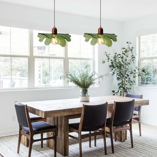 Modern Green Glass Pendant Light Fixtures 2-Pack Flower Pendant Lights Kitchen Island 59“ Adjustable Hanging Ceiling Lighting Wooden Grain Hanging Lamp for Farmhouse Dining Room - color: Green, 2 Pack