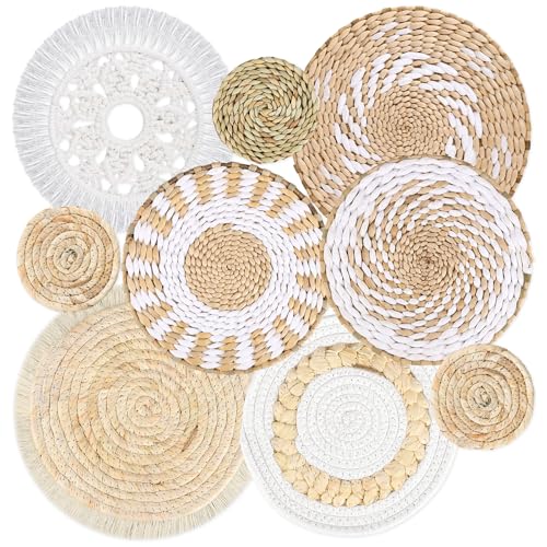 MJOGGOTT 9 Pcs Boho Wall Basket Decor Hanging Woven Wall Basket Art Decor Rattan Wicker Seagrass Home Round Tassels White Macrame Tapestry Baskets Decoration for Kitchen Home Farmhouse Decoration