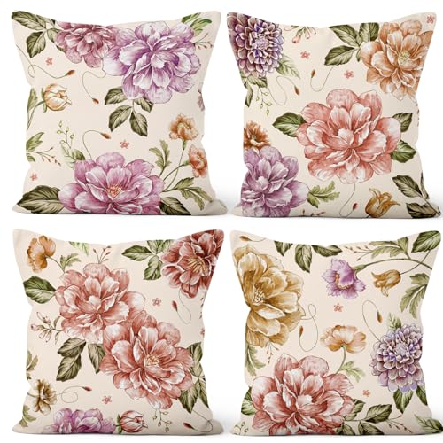 Pink Flower Throw Pillow Covers,Vintage Floral Decorative Velvet Pillow case,Rustic Flowers Pattern 4-Pack Double-Side Printed Pillowcases for Sofa Home Living Room, 16x16 in - color: Pink, size: 16" x 16" (Pack of 4)