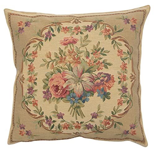 Charlotte Home Furnishings Inc Premium 18x18 Decorative Throw Pillow Cover, Bouqet Floral Beige Cushion Cover, Cotton Jacquard Woven Pillow Cover for Couch, Sofa, Living Room Decor - color: Floral Beige
