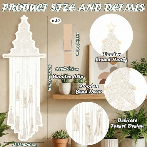 Rtteri Macrame Hanging Photo Display Boho Wall Decor Picture Card Frame Holder with 30 Clips Photo Art Hanger Teen Girl Teenage Gifts for Room Bedroom Dorm
