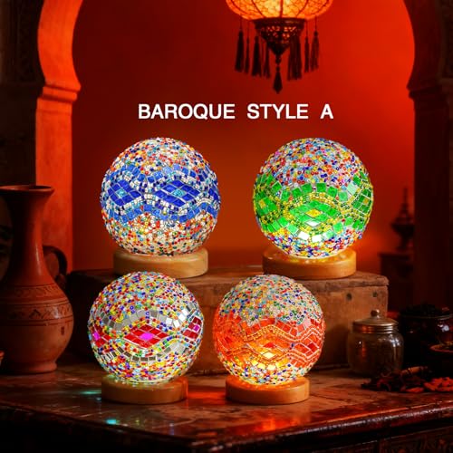 Vintage Turkish Table Lamp Mosaic Glass Light with Wooden Base 5V USB Power Tiffany Bedside Lamps for Living Room Decoration Meditation and Prayer Lighting (Baroque A - Blue, Baroque) - style: Baroque A Blue