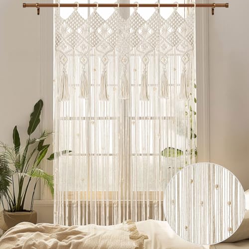 BECHAEO Boho Macrame Beaded Curtain Handmade Door String Curtain for Doorway Window Cotton Tassels Beads Hanging Room Divider Hallway Closet Bedroom Living Room Decor, White - 1 Panel 35" W x 79" L - size: 35"W x 79"L (Pack of 1)
