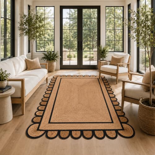Braided Scalloped Jute Rug Natural with Black Trim, Handmade Farmhouse Boho Area Rug for Entryway, Kitchen, Hallway, Living Room, Bedroom, Rustic Woven Floor Rug - (Black- 10X14 ft) - size: 10' x 14' (Rectangular)