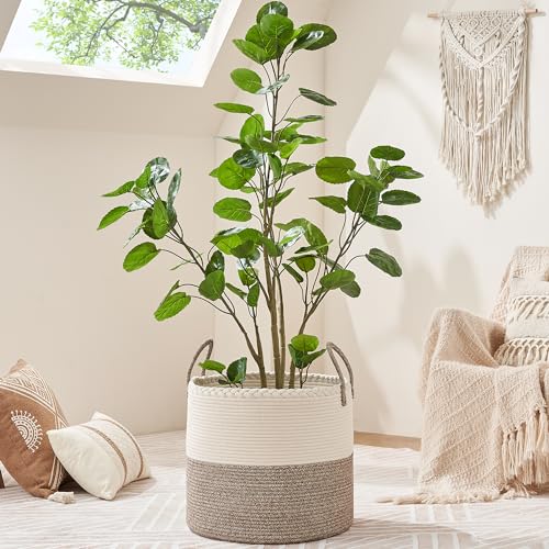 KAKAMAY Large Blanket Basket (18"x18"x16"),Woven Baby Laundry Hamper for Storage, Cotton Rope Blankets Baskets for Nursery, Laundry, Living Room, Pillows, Baby Toy chest with Handles (White/Beige) - color: Beige