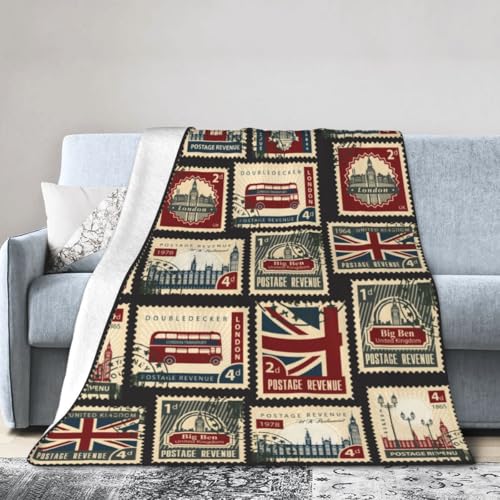 British Stamp Throw Blanket, Vintage England Buildings London Culture Element Retro Warm Cozy Flannel Soft Blanket for Couch Chair Sofa Bed Bedroom Living Room Car for All Season 30"x 40" - color: Country02, size: 30X40 inch