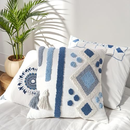 Andreannie Pack of 2 Boho Tufting Throw Pillow Cover Embroidered Textured Cushion Cover with Tassels Soft Home Decororative for Couch Sofa 18x18 inch (Boho Blue) - color: Boho Blue
