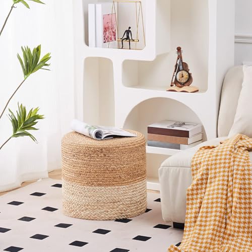 Wimarsbon 18'' Pouf Ottoman, Natural Braided Poof, Round Poufs, Rustic Handweave Lounge Pouffe, Boho Footrest Stool for Bedroom, Accent Table or Seat for Patio, Living Room - color: 18inch Water Hyacinth Braid & Natural Corn Shell