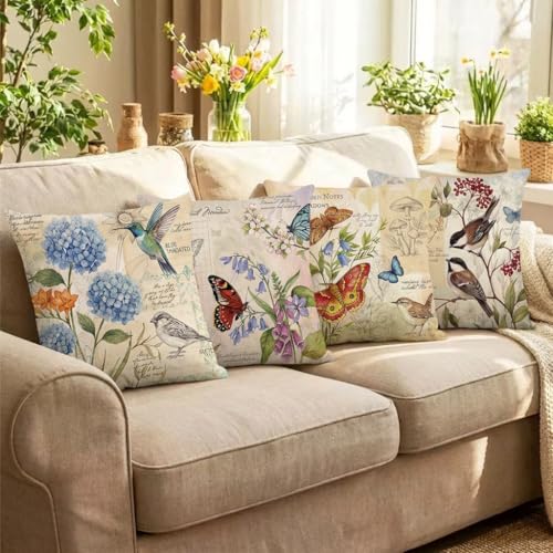 wyooxoo Farmhouse Pillow Covers 20x20 Set of 4 Spring Summer Throw Pillow Covers Linen Flower Butterfly Bird Decorative Pillowcases for Sofa Couch Living Room Outdoor - color: Color C, size: 20" x 20" (Pack of 4)