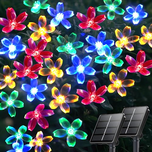 OZS 2PK 80LED 50FT Flower Solar String Lights Outdoor Waterproof, Cherry Blossoms Multicolor Lights with 8 Lighting Modes, Garden Decor for Outside, Pathway Light for Fence, Patio, Yard - color: Cherry-Multicolor