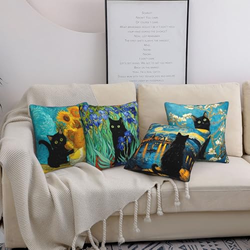 Black Cat Throw Pillow Covers 18 X 18 Inch Set of 4 Decorative Cushion Cover Home Decor for Sofa Chair Couch Bedroom Living Room - color: Black Cat