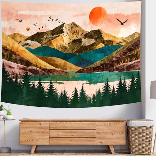 Delur Mountain Tapestry Boho Sunset Nature Forest Tree Tapestry Wall Hanging Sunrise River Lake Landscape Psychedelic Headboard for Bedroom Living Room Home Decor (70.8" x 92.5") - color: Sunset Mountain, size: 70.8"L x 92.5"W