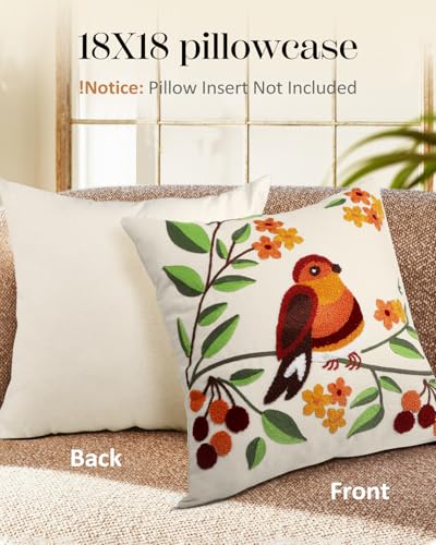 Embroidered Throw Pillow Cover - 18x18 Decorative Pillow Cover with Zipper Aesthetic Cute Design Boho Spring Summer Throw Pillowcase for Living Room Couch Sofa Bed, Tree Bird - color: Tree Bird, size: 18" x 18" (Pack of 1)