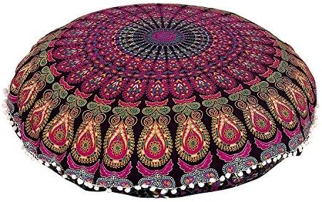 ICC 32 Inch Floor Pillows & Cushion covers Decorative Hippie Mandala Pouf Pillow covers Seating Meditation Cushion Cover Bohemian Large Boho Ottoman Case Pillowcase Couch Round Pink