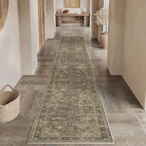 2x12 Washable Runner Rug Brown Vintage Non Slip Soft Low Pile Hallway Kitchen Rug Distressed Oriental Carpet for Laundry Bathroom Bedroom Living Room Home Decor - color: Brown/Black, size: 2' x 12' (Runner)