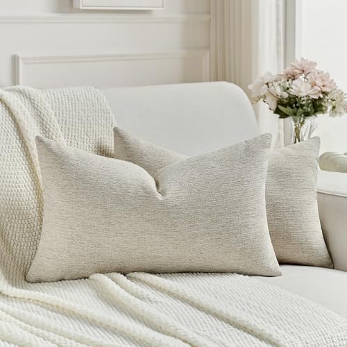 FUTEI Pack of 2 Chenille Decorative Throw Pillow Covers 12x20 Inch,Soft Cozy Faux Linen Textured Lumbar Pillow Cases,Farmhouse Home Decor for Couch Living Room,Natural Linen - color: Natural Linen, size: 20" x 12" (Pack of 2)