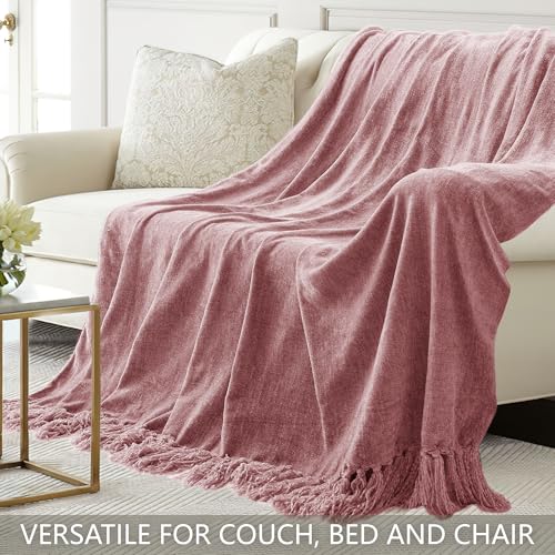 Chenille Throw Blanket for Couch 50"X 60", Soft Cozy Throws with Fringe Tassel for Bed Sofa Chair Cover, Lightweight Knitted Decorative Boho Blankets for Living Room, Mauve - color: Mauve, size: 50x60 inch