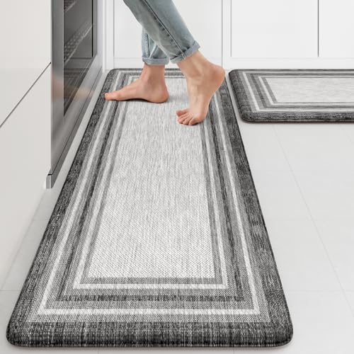 KIMODE Anti Fatigue Kitchen Mats for Floor 2 Piece,17"x47"+17"x29" Farmhouse Kitchen Rugs Non Slip Rubber Backing,Waterproof Cushioned Standing Mat for Home Decor,Office,Laundry Room,Sink,Desk,Grey - color: Grey, size: 17.3" x 47 "+ 17.3" x 29 "--0.47 inc
