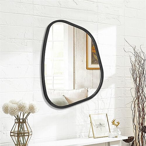 Black Asymmetrical Wall Mirror Large 20"x16" Irregular Oval Mirror Modern Wood Frame Unique Shape Wall Mounted Vanity Artistic Mirrors Decorative for Living Room Bedroom Bathroom Hallway - color: Black, size: 20"L x 16"W