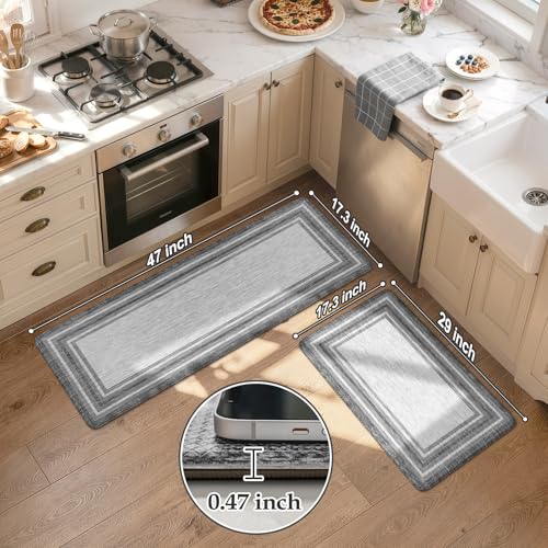 KIMODE Anti Fatigue Kitchen Mats for Floor 2 Piece,17"x47"+17"x29" Farmhouse Kitchen Rugs Non Slip Rubber Backing,Waterproof Cushioned Standing Mat for Home Decor,Office,Laundry Room,Sink,Desk,Grey - color: Grey, size: 17.3" x 47 "+ 17.3" x 29 "--0.47 inc