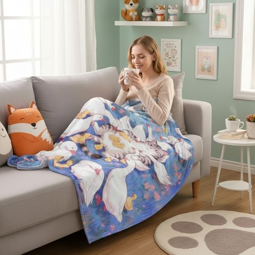 Neasow Cute Cat and Goose Throw Blanket, Whimsical Funny Pastoral Farm Meadow Flannel Blanket, Super Soft for Couch Dorm Sofa Room, Unique Gift for Kids Teens Adults, 50×60 inch - color: Cat and Goose, size: 60"L x 50"W