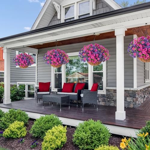 Artificial Faux Hanging Flowers Plants Basket for Spring Summer Outdoors Decoration, Silk Morning Glory with Eucalyptus Look Real UV Resistant Fake Flowers for Outside Porch Patio Balcony Home, Mix - color: Purple-fuchsia