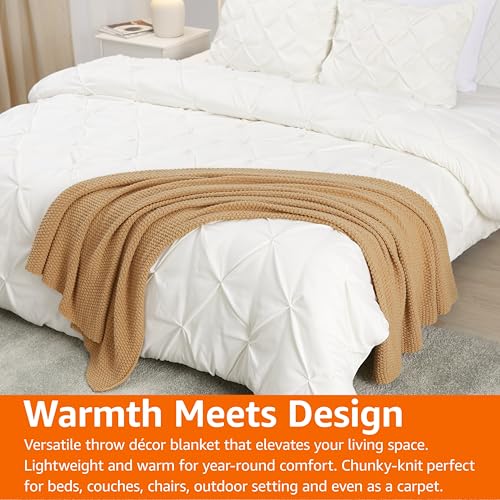Amazon Basics Chunky Cable Knit Throw Blanket for Couch, Sofa, Bed, Lightweight Soft Cozy, 50" x 60", Sand - color: Sand, style: Knitted