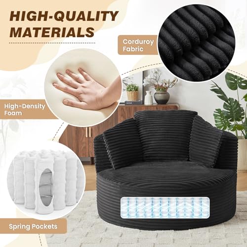 48"W Oversized Round Chaise Longue Chair Indoor,Corduroy Fluffy Comfy Cloud Chair,Circle Bean Bag Sofa with Foam Filling & Pillows,Boneless Reading Cozy Sofa Chairs for Living Room,Bedroom,Black - color: Black