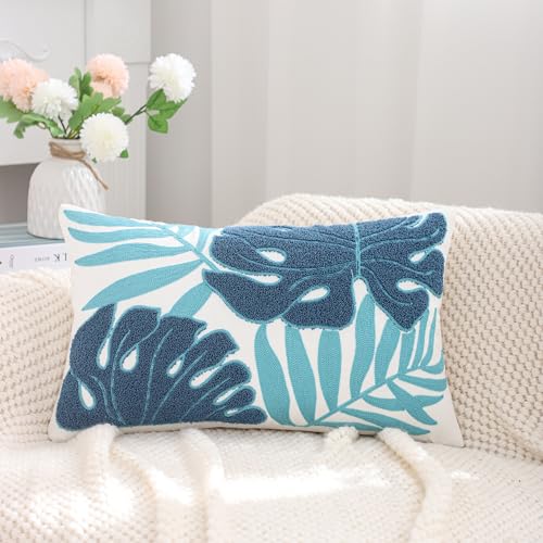 Embroidered Throw Pillow Covers 12x20 Pack of 2 Blue Botanical Tropical Leaf Pillow Covers Beach Ocean-Themed Decorative Cushions Case Farmhouse Boho Plant Tufted Pillowcases for Summer - color: Blue Tropical Leaf, size: 20" x 12" (Pack of 2)