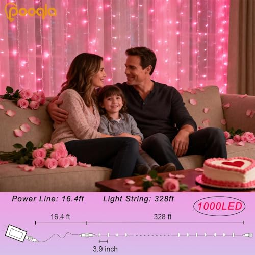 Pooqla 1000 LED Pink Christmas Lights Indoor Outdoor Decorations, 328 ft String Lights Plug in with Timer, 8 Modes Waterproof Clear Wire Twinkle Fairy Lights for Bedroom Xmas Tree Halloween Decor - color: Pink, size: 1000LED