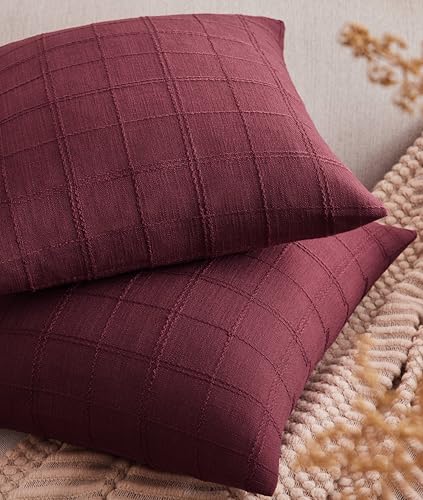 ZeeMart Linen Checked Throw Pillow Covers Set of 2, 20x20 Inch Allover Grid Burgundy, Farmhouse Decorative Double Sided Grid Embroidered Couch Pillow Cases Red Cotton Linen Cushion Covers - color: Allover Grid Burgundy, size: 20" x 20" (Pack of 2)