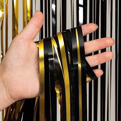 Black and Gold Party Streamers Decoration - GREATRIL Foil Fringe Backdrop for 2026 NYE/Anniversary/Farewell/Cocktail/Prom/EID/Birthdays - 3.2ft X 8.2ft - 2 Packs - color: Black Gold