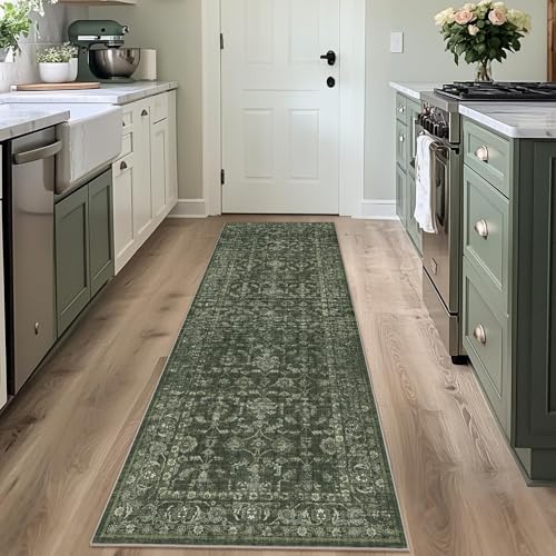 2x7 Green Runner Rug Hallway Washable Area Rugs Kitchen Vintage Boho Non Slip Long Rug Floral Carpet Indoor Retro Soft Low Pile Throw Rug for Bedroom Bathroom Laundry Dining Living Room Office - color: Dark Green, size: 2' x 7' (Runner)