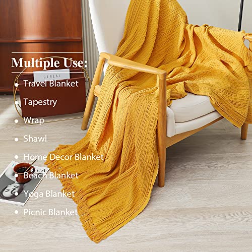 Simple&Opulence 100% Cotton Throw Blanket for Couch, Bed, Waffle Weave Knit Blanket with Tassels, Soft Lightweight Pre-Washed Breathable Cozy Blanket Farmhouse Decoration for All-Season (Gold Yellow) - color: Yellow