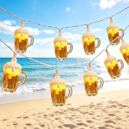 Beer Mug Outdoor String Lights, Hawaiian Decor Lights, 8.5Ft LED Tropical Beach Camping String Lights Plug in with 10 3D Beer Cup Bulbs, Summer Decor for Tent Holiday Party Garden Cinco de Mayo - color: Multicolor Beer Mug