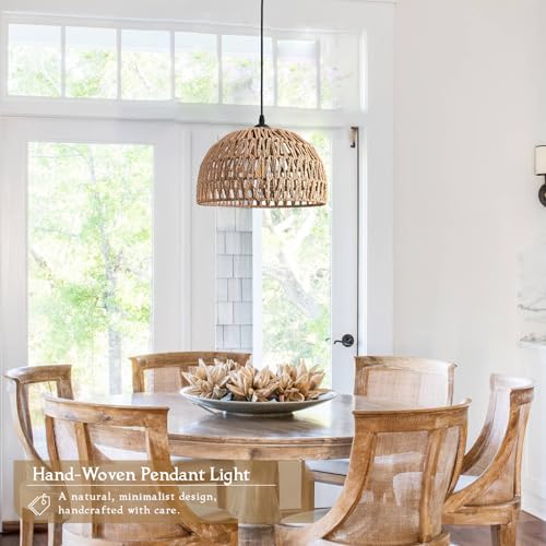 Brown Rattan Light Fixture 15ft Plug In Pendant Light Woven Pendant Light Boho Chandelier Wicker Pendant Light Boho Pendant Light Plug In for Dining Room Kitchen Island Bedroom(Bulb Incl.) - color: 12.2" Natural Plug In