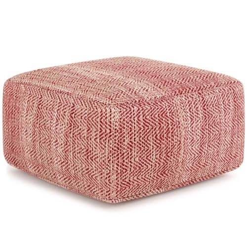 BOWERY HILL Square Pouf, Patterned Maroon Mélange Cotton, 20" W x 20" D x 10" H, Hand-Woven Upholstery, Polystyrene Filling, Transitional Style Footrest or Extra Seating for Living Space - color: Red