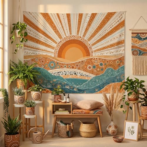 Kanuyee Boho Desert Sunrise Wall Tapestry, Abstract Pointillism Landscape Art Tapestries for Room Decor, Modern Sahara Tapestry 80"x60" - color: Ochre, size: 80"L x 60"W