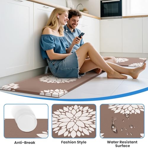Kitchen Mats for Floor [2PCS], Soft Anti Fatigue Kitchen Rugs for Home, Water Resistant Cushioned Standing Desk Mats, Non-Slip Comfort Mat for Floor, Kitchen, Office, Sink, Laundr, Brown - color: Khaki, size: 17.3" x 47" + 17.3" x 30"