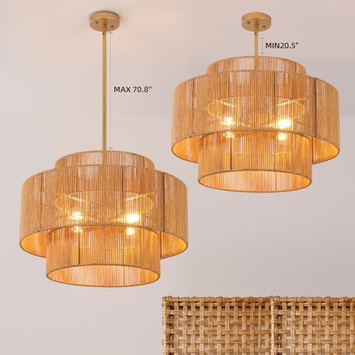 24.2 inch Boho Rattan Chandeliers for Dining Room, 4-Light Large Boho Pendant Light Rustic Drum Chandelier Farmhouse Rattan Light Fixtures for Kitchen Island Foyer Bedroom (Gold), 70.8"H Max