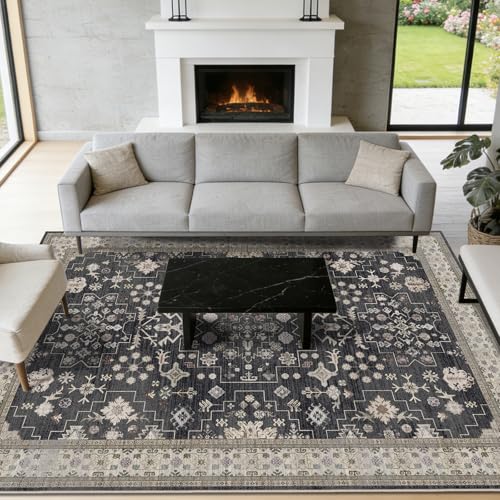 6x9 Dining Room Rugs for Under Table, Low Pile Non-Slip Rugs for Bedroom, Washable Area Rug for Living Room Stain Resistant Vintage Rug Home Decor (Charcoal Blush Ivory) - color: Charcoal Blush Ivory, size: 6' x 9' (Rectangular)