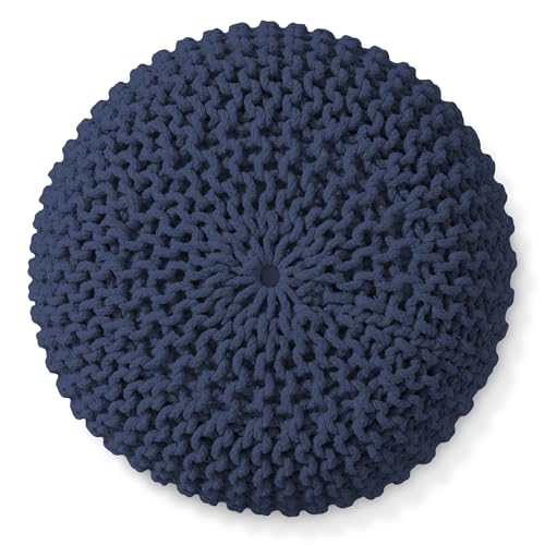 Casafield Round Pouf Ottoman, Navy Blue - 20" Diameter x 14.5" High Cotton Knit Foot Stool - Boho Floor Pouffe for Living Room, Bedroom, Home Office - color: Navy Blue, size: 20"D x 20"W x 14.5"H